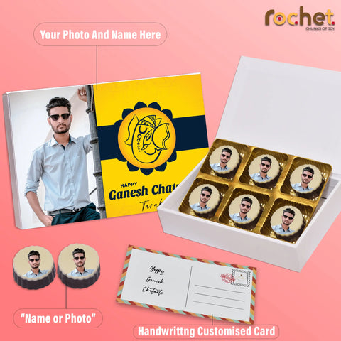 Tasty Ganesh Chaturthi gift box personalised with photo on box and chocolates ( with photo printed chocolates )