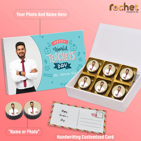 Unique Teacher's Day gift box personalised with photo on box and chocolates ( with photo printed chocolates )