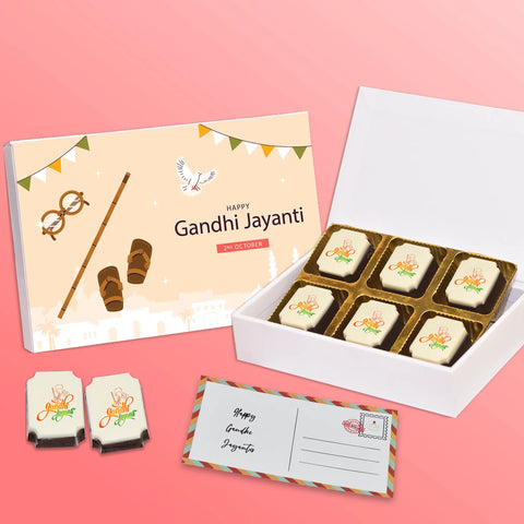 A perfact Gandhi Jayanti Invitation box personalised with photo on box and chocolates  ( with photo printed chocolates )