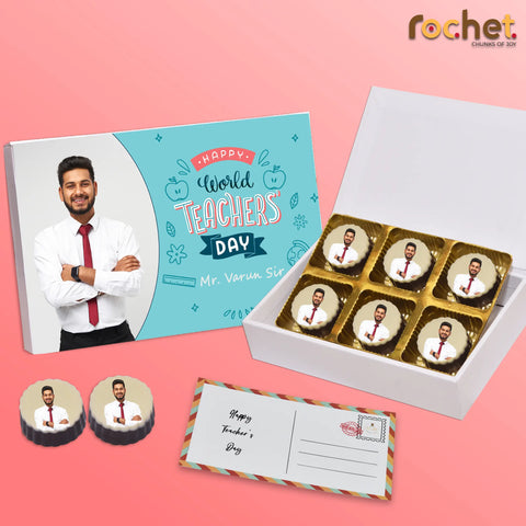 Unique Teacher's Day gift box personalised with photo on box and chocolates ( with photo printed chocolates )