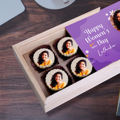 Happy Women's Day gift box personalised with photo on box and chocolates ( with photo printed chocolates)