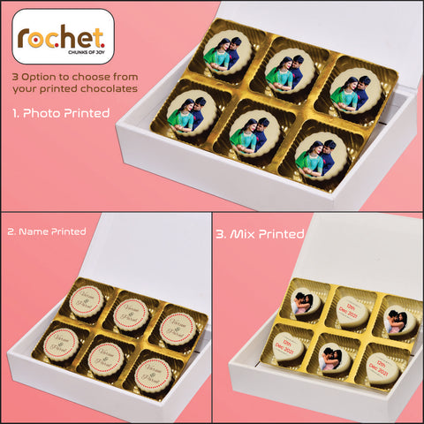 Love through chocolate gift box personalised with photo on box and chocolates ( with photo printed chocolates )