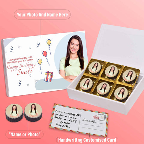 Customised birthday gift box personalised with photo on box and chocolates ( with photo printed chocolates )
