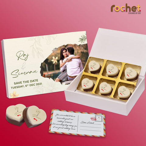 Unique Wedding Invitation box personalised with photo on box and chocolates  ( with photo printed chocolates )