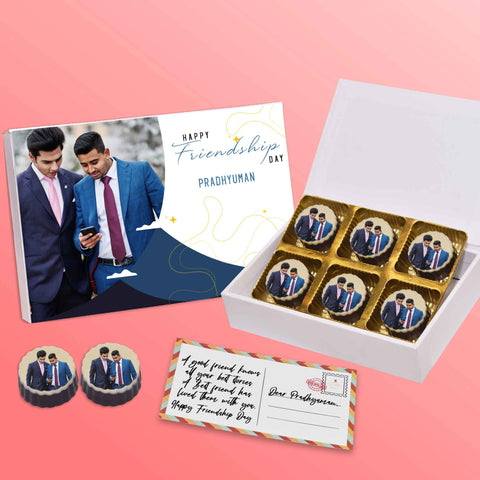 Tastiest friendship day treat gift box personalised with photo on box and chocolates ( with photo printed chocolates )