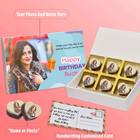 Unique Birthday gift box personalised with photo on box and chocolates ( with photo printed chocolates )
