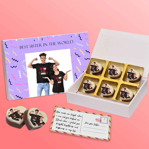 Best sister in the world gift box personalised with photo on box and chocolates ( with photo printed chocolates )