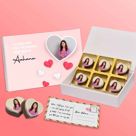 The language of love gift box personalised with photo on box and chocolates ( with photo printed chocolates )