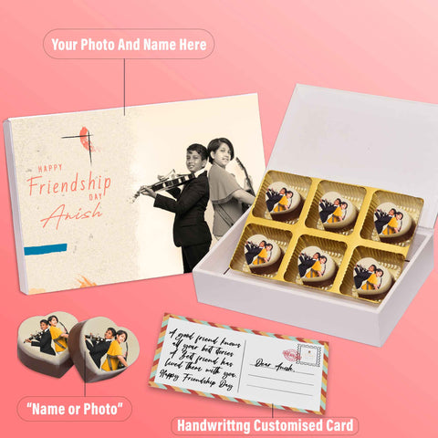 Surprise friendship day gift box personalised with photo on box and chocolates ( with photo printed chocolates )