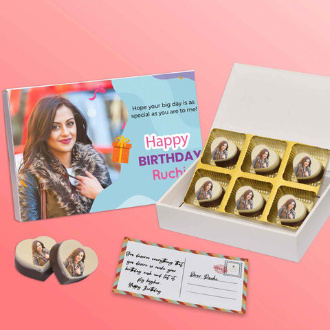 Unique Birthday gift box personalised with photo on box and chocolates ( with photo printed chocolates )