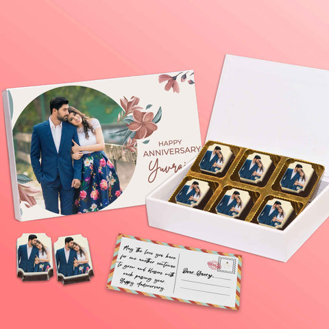 Sweet Anniversary gift box personalised with photo on box and chocolates ( with photo printed chocolates )