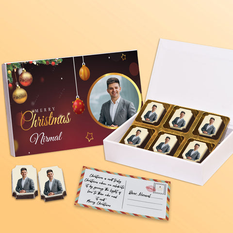 Merry Christmas gift box personalized with photo on box and delicious rectangle chocolates ( with photo printed chocolates)