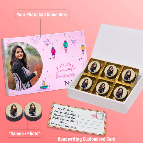 Happy Diwali gift box personalised with photo on box and chocolates ( with photo printed chocolates)