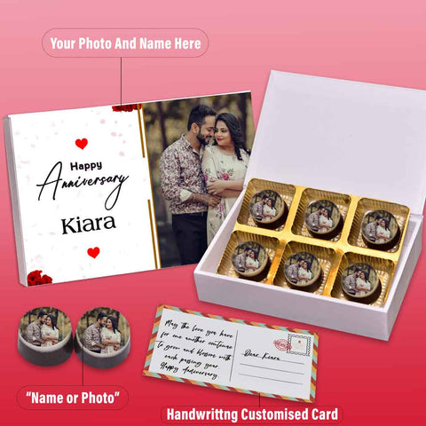 Special Anniversary  gift box personalised with photo on box and chocolates ( with photo printed chocolates )