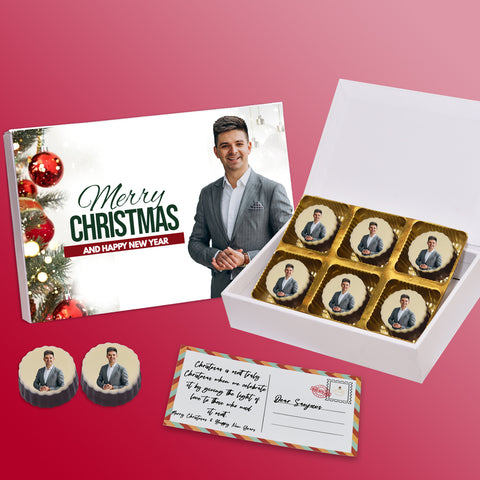 Merry Christmas and new year gift box personalized with photo on box and Flower chocolates ( with photo printed chocolates)