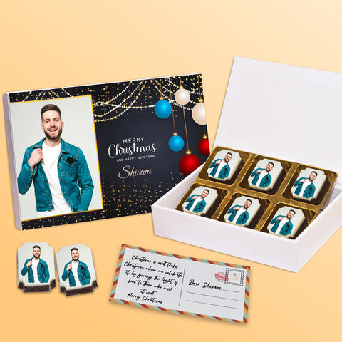 Merry Christmas and new year 2023 gift box personalized with photo on box and delicious rectangle chocolates ( with photo printed chocolates)