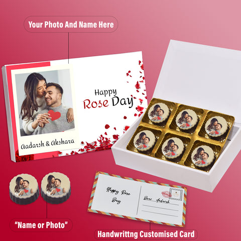Happy Rose Day Surprise gift box personalized with photo on box and chocolates (with photo printed chocolates)