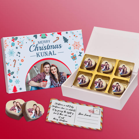 Best Christmas gift box personalized with photo on box and heart chocolates ( with photo printed chocolates)