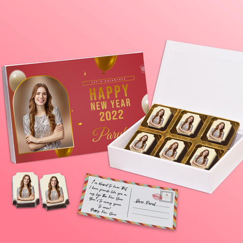 Best New Year gift box personalized with photo on box and rectangular chocolates ( with photo printed chocolates)