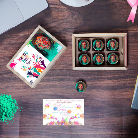 Cheerful Holi treats gift box personalised with photo on box and chocolates ( with photo printed chocolates)