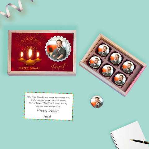 Happy Diwali gift box personalised with photo on box and chocolates ( with photo printed chocolates)