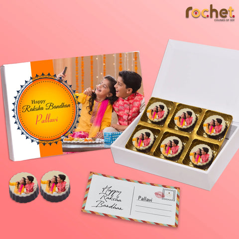 Perfect Rakshabandhan gift box personalised with photo on box and chocolates ( with photo printed chocolates )