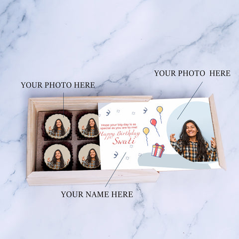 Customised birthday gift box personalised with photo on box and chocolates ( with photo printed chocolates )