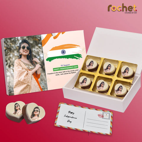 Exquisite  Happy Independence Day gift box personalised with photo on box and chocolates ( with photo printed chocolates )