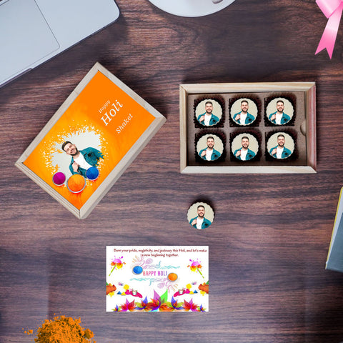 Beautiful Holi treats gift box personalised with photo on box and chocolates ( with photo printed chocolates)