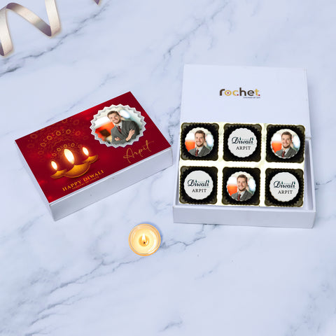 Happy Diwali gift box personalised with photo on box and chocolates ( with photo printed chocolates)