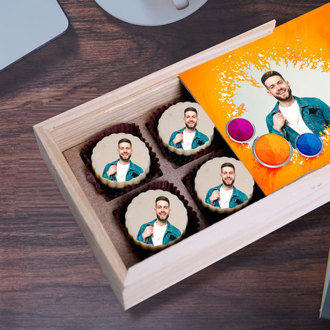 Beautiful Holi treats gift box personalised with photo on box and chocolates ( with photo printed chocolates)