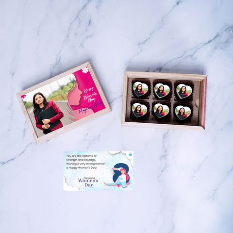 Best Women's Day gift box personalised with photo on box and chocolates ( with photo printed chocolates)