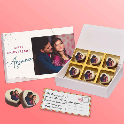 Unique themed anniversary gift box personalised with photo on box and chocolates ( with photo printed chocolates )