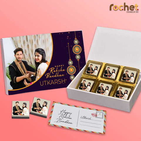Delicious rakhi gift box personalised with photo on box and chocolates ( with photo printed chocolates )