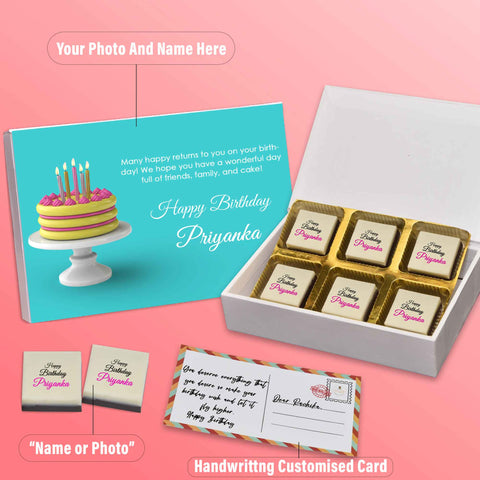 Unique birthday gift box personalised with photo on box and chocolates ( with photo printed chocolates )