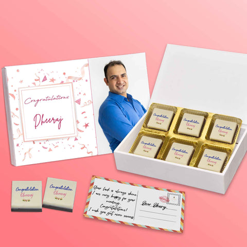 Congratulations wishes gift box personalised with photo on box and chocolates ( with photo printed chocolates )