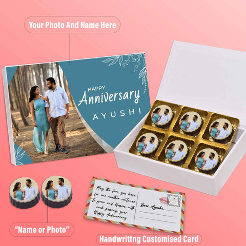 Anniversary gift box personalised with photo on box and chocolates ( with photo printed chocolates )