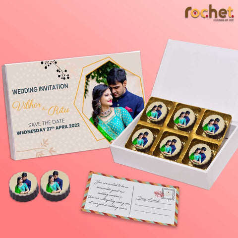 Wedding Invitation box personalised with photo on box and chocolates  ( with photo printed chocolates )
