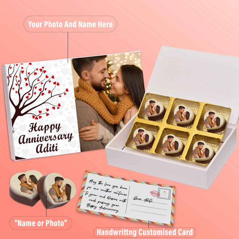 Surprise anniversary gift box personalised with photo on box and chocolates ( with photo printed chocolates )