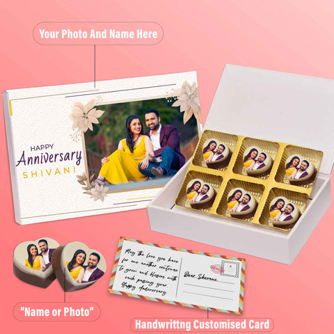Cute anniversary gift box personalised with photo on box and chocolates ( with photo printed chocolates )