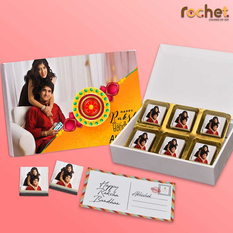 Lovely rakhi gift box personalised with photo on box and chocolates ( with photo printed chocolates )