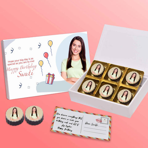 Customised birthday gift box personalised with photo on box and chocolates ( with photo printed chocolates )