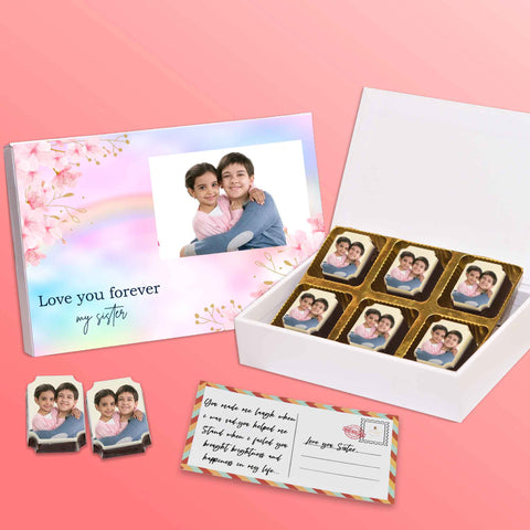 Best siblings gift box personalised with photo on box and chocolates ( with photo printed chocolates)