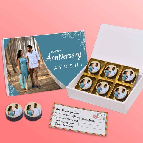 Anniversary gift box personalised with photo on box and chocolates ( with photo printed chocolates )