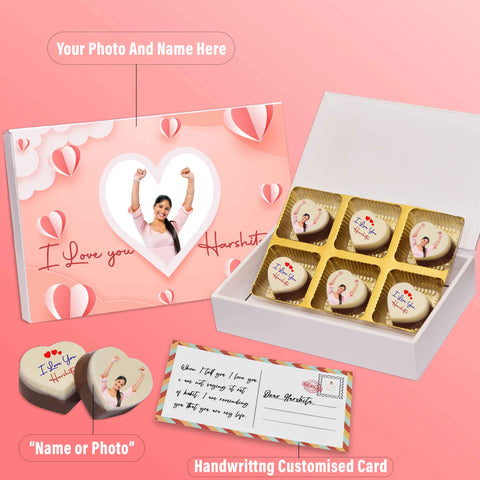 Heart shaped gift box personalised with photo on box and chocolates ( with photo printed chocolates )