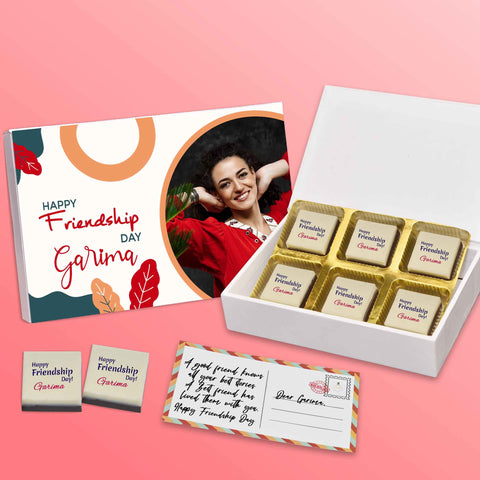 Bond of friendship gift box personalised with photo on box and chocolates ( with photo printed chocolates )