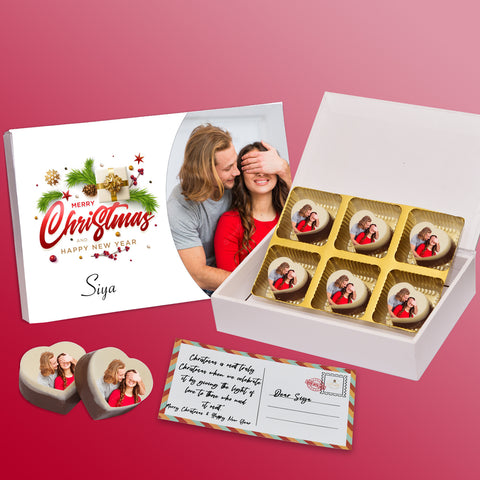 Surprise Merry Christmas And New Year gift box personalized with photo on box and delicious rectangle chocolates ( with photo printed chocolates)