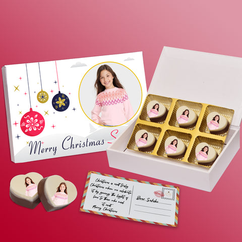 Best Christmas gift box personalized with photo on box and tasty round chocolates ( with photo printed chocolates)