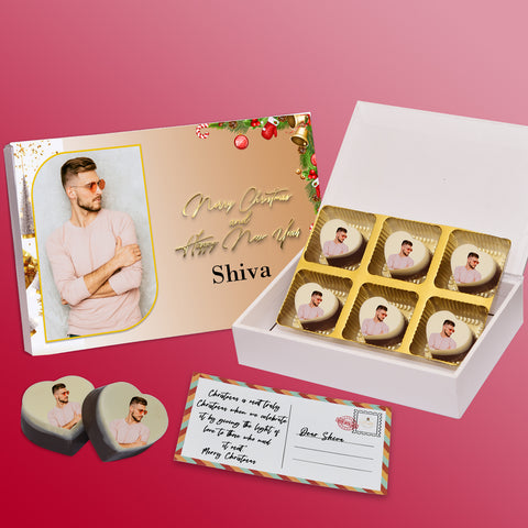 New Year And Merry Christmas gift box personalised with photo on box and chocolates Heart shape Chocolate ( with photo printed chocolates