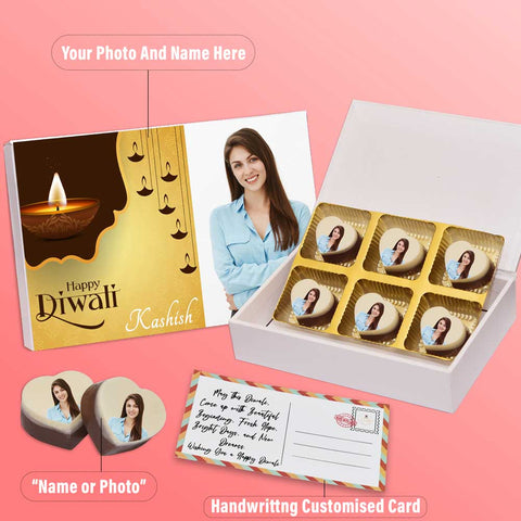 Diwali wishes gift box personalised with photo on box and chocolates ( with photo printed chocolates )